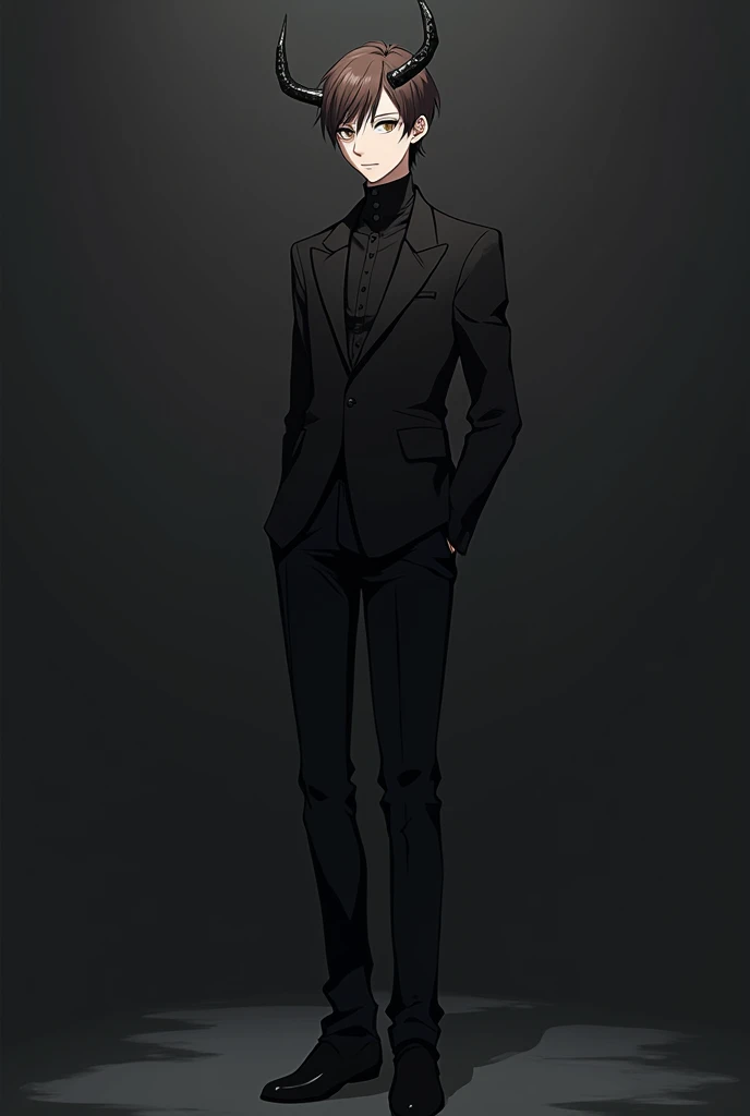 Create an anime boy with brown hair, white skin, black clothes and no face with horns