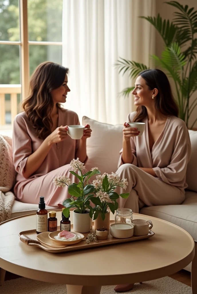 A stylish coffee table with self-care items like essential oils, cremes, and plants, in an environment that conveys comfort and femininity.women talking drinking coffee; 