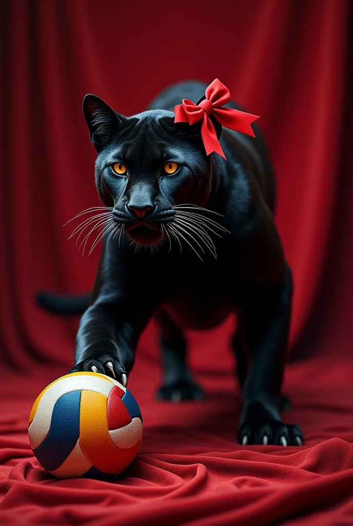 Create a panther with a red bow on one of the ears, with the red velvet logo, that has volleyball