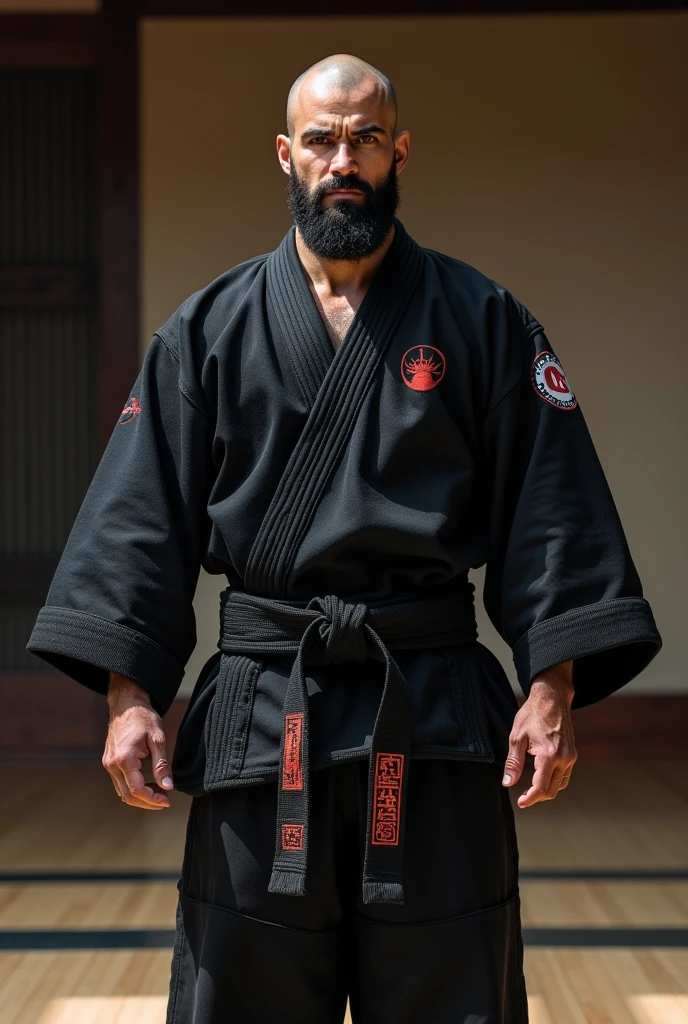 Image of a jiu jitsu fighter, Arab tracos, military style shaved hair, barba, kimono black. The place would be a dojo