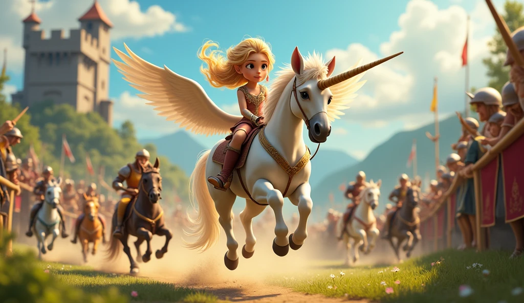 A young elven princess, mounted on a radiant white unicorn, gracefully navigates a challenging obstacle course during a fantastical medieval tournament. Winged horses and knights in colorful armor compete alongside her, their eyes fixed on the finish line. The scene is filled with excitement and wonder, as the princess and her unicorn soar through the air, their magical bond evident. Use a whimsical, childlike perspective, reminiscent of Pixar's animated style.