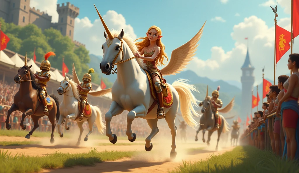 A young elven princess, mounted on a radiant white unicorn, gracefully navigates a challenging obstacle course during a fantastical medieval tournament. Winged horses and knights in colorful armor compete alongside her, their eyes fixed on the finish line. The scene is filled with excitement and wonder, as the princess and her unicorn soar through the air, their magical bond evident. Use a whimsical, childlike perspective, reminiscent of Pixar's animated style.