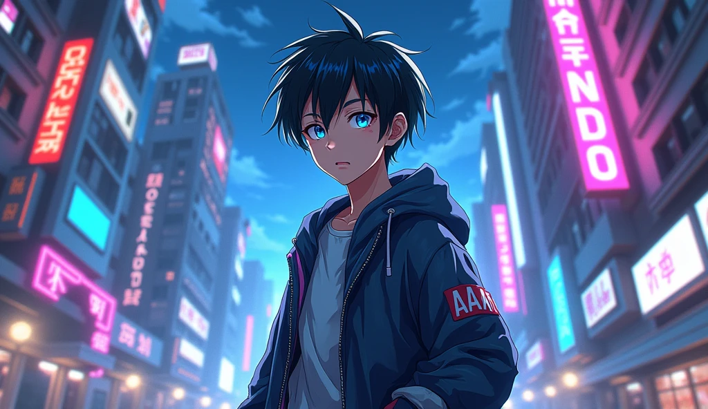 standing full body, Full body image, anime style, teenage boy , black hair with blue highlights, clear skin, cyberpunk futuristic world