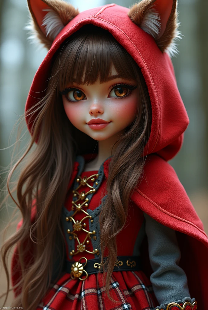 Imagem da filha da Cerise Hood e da Cedar Wood de Ever After High: You must have long straight and wavy hair with brown bangs with white highlights, eyes browns, Light brown skin, wolf's ears, big red hood, red dress with gray details, with red and black checkered details on the top and red with gray on the bottom, wooden elements in clothing