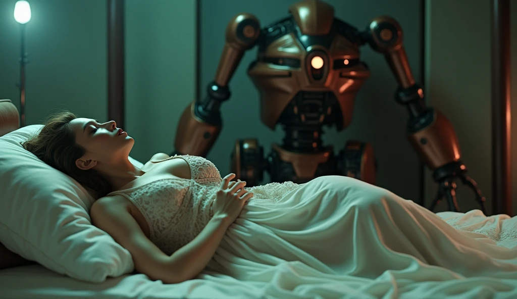 (masterpiece.UHD.photorealistic.analog photography 1960 style) in a dystopian neo retro futuristic world.an ultra hot gorgeous swedish woman.age 23.   Voluptuous hourglass body. Gorgeous face.epic cleavage. (95 DD SIZE) Sleeping in  silk loose dress with sheer lace, a woman having a wet dream.Night time.1930 clunky and rusty evil war robot in the background.