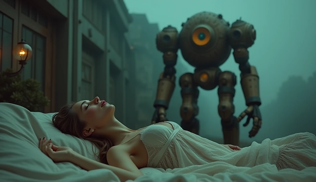 (masterpiece.UHD.photorealistic.analog photography 1960 style) in a dystopian neo retro futuristic world.an ultra hot gorgeous swedish woman.age 23. Voluptuous hourglass body. Gorgeous face.epic cleavage. (95 DD SIZE) Sleeping in silk loose dress with sheer lace, a woman having a wet dream.Night time.1930 clunky and rusty evil war robot in the background.