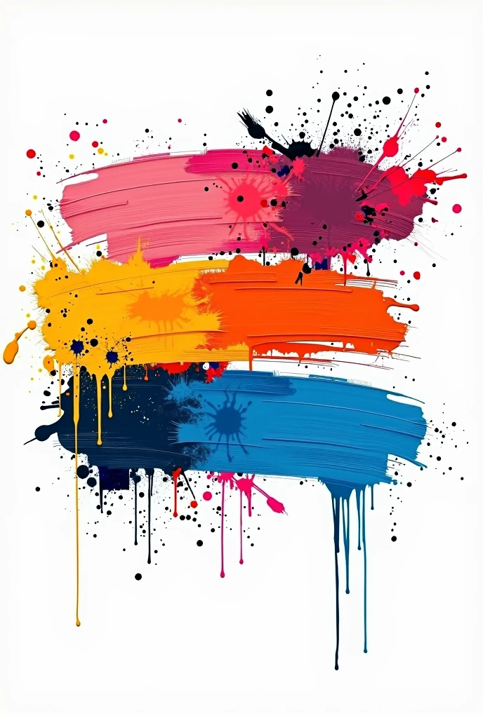 three mixed vibrant color brush strokes horizontal on white background, with drops of paint flowing
