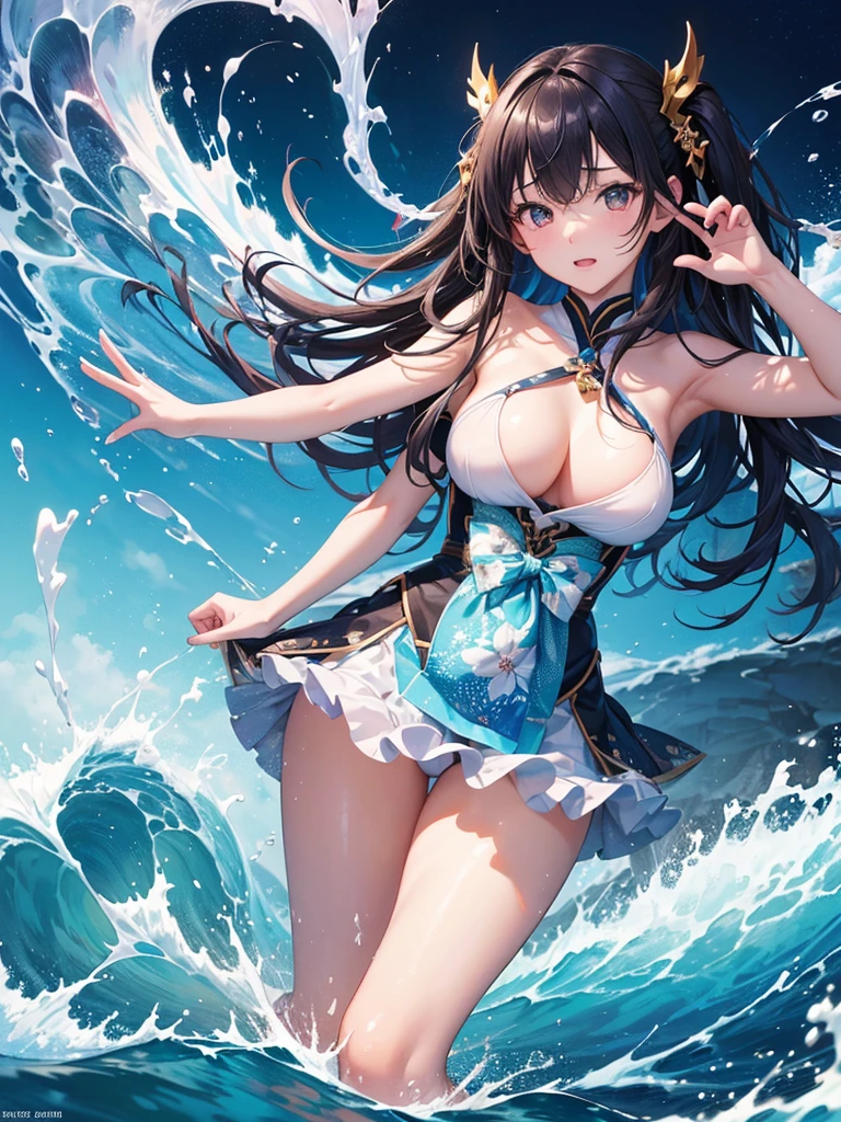 (16K,Ultra-high resolution,Highest quality,masterpiece,Super detailed,Very vivid CG),Beautiful Japanese girl sticking her arms out of the ocean current,Anatomically correct body,Perfect Shadow,Perfect lighting,Explosion effect,Wave splash background