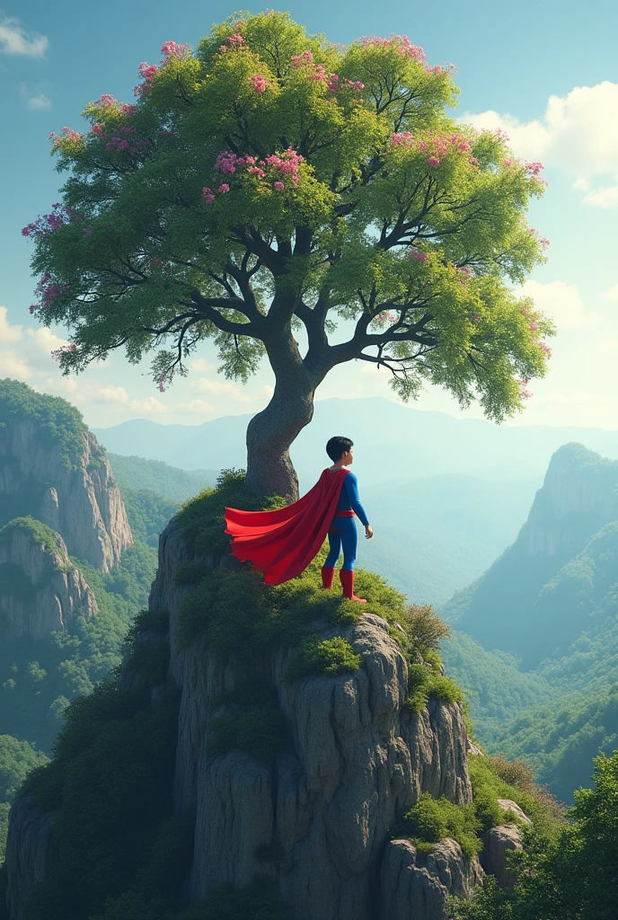 A boy standing in the top of the mountain under the tree with lot of flowers and wearing Superman suit and also viewing forest in front of him, super man suit is flying because of the wind