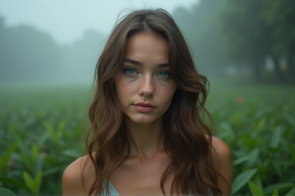 fot, taken from a distance that shows the entire body, She is very young, plein-air, em um jardim, short skirt and t-shirt, Caucasian skin, sad for a lost love, long brown hair, a wry smile softened - tears in the eyes, contained excitement, Soft lighting on your face, realistic skin-clothes-hair textures, sky blue eyes carpeted mist, beautiful real textures and delicate aesthetics, full body view, notable for natural feminine beauty, noise, 8 k quality, FOTO RAW, by professional photographer, rule of thirds, Extremely Detailed