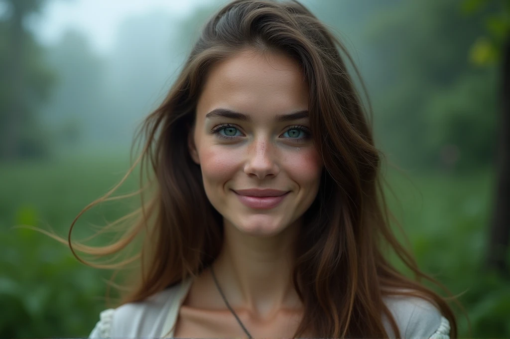 fot, taken from a distance that shows the entire body, She is very young, plein-air, em um jardim, short skirt and t-shirt, Caucasian skin, sad for a lost love, long brown hair, a wry smile softened - tears in the eyes, contained excitement, Soft lighting on your face, realistic skin-clothes-hair textures, sky blue eyes carpeted mist, beautiful real textures and delicate aesthetics, full body view, notable for natural feminine beauty, noise, 8 k quality, FOTO RAW, by professional photographer, rule of thirds, Extremely Detailed