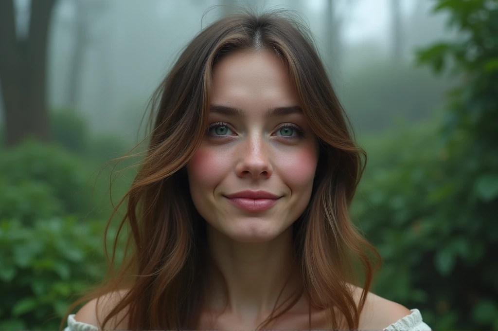 fot, taken from a distance that shows the entire body, She is very young, plein-air, em um jardim, short skirt and t-shirt, Caucasian skin, sad for a lost love, long brown hair, a wry smile softened - tears in the eyes, contained excitement, Soft lighting on your face, realistic skin-clothes-hair textures, sky blue eyes carpeted mist, beautiful real textures and delicate aesthetics, full body view, notable for natural feminine beauty, noise, 8 k quality, FOTO RAW, by professional photographer, rule of thirds, Extremely Detailed