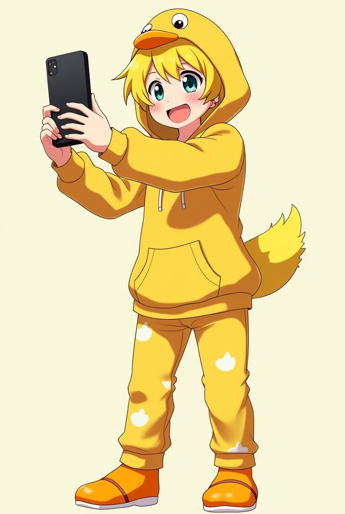 Anime boy character  with yellow hair wearing a yellow duck hoodie and yellow duck pant and a duck hat with a smile and taking selfie 