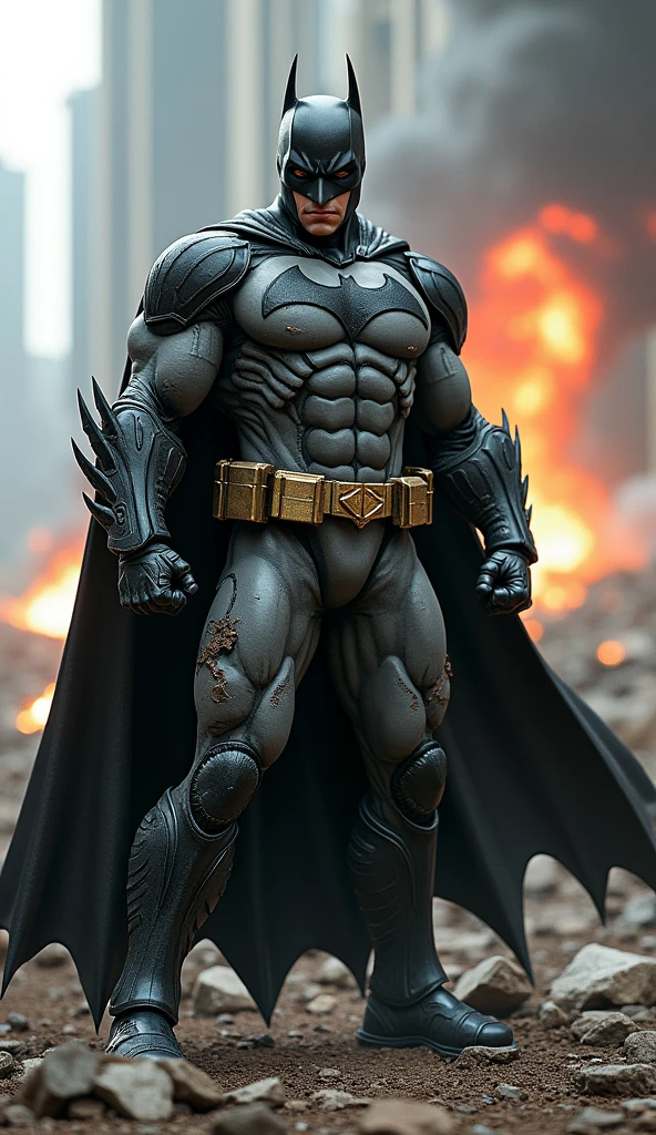 A high-quality, realistic image landscape, full body shot, front shot, bat man concept image, attacking pose, post-battle damage scattered across armor, set against a backdrop of a ravaged futuristic cityscape, smoke billowing, scattered debris, contrasting the Armor's sharp lines, sharp shadows cast by the intense lighting of an explosion, captured in a realistic style, ultra-fine details.