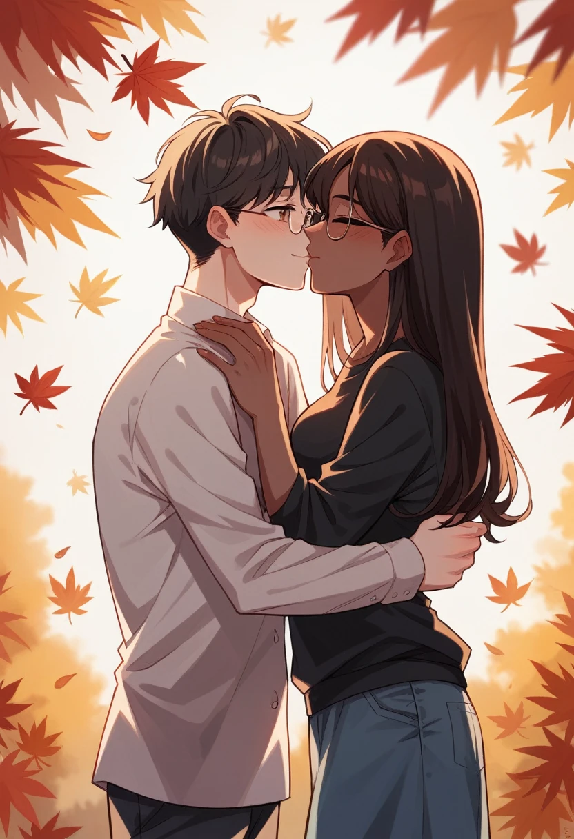 Create a wide realistic manga-style illustration of a young interracial couple in an autumn setting, sharing a tender kiss. The young man has African features, short dark hair, and wears eyeglasses. The young woman has European features with slightly curly silver-white long hair. They are both dressed in autumnal clothes, surrounded by falling leaves and warm autumn colors. The illustration should capture their affectionate embrace amidst the vibrant foliage, reflecting the romantic and serene atmosphere of the autumn season.