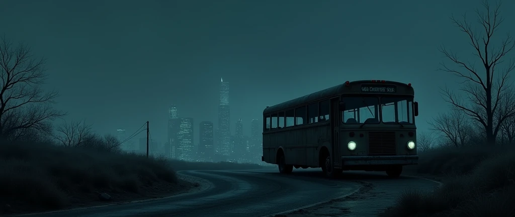 A dark, cold night with a deserted bus parked at the edge of a city.**