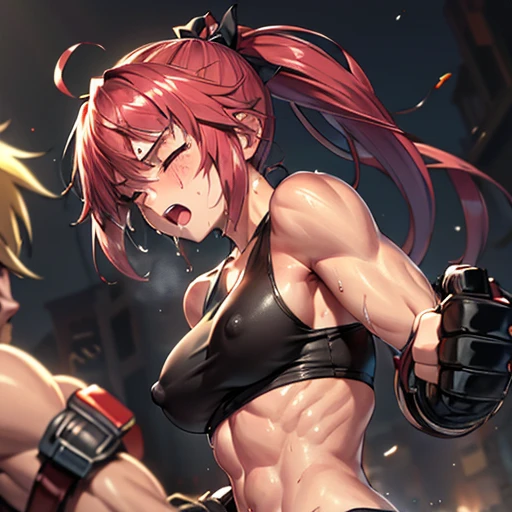 whole body picture of a male and afemale. a male streetfighter is striking a female streetfighter's cheek by hard punch in the backstreet. she is beated down. she is bloody. she has big pain. she is crying and screaming. she is beautiful and young. she is covered in scars and bruises. she is damaged terribry. Short-cut black hair, out of breath, drooling from mouth, one eye is closed, exhausted, drenched in sweat. Erect nipples, open finger glove, Whittled waistline, muscular, six-pack abs, Ragged tanktop and denim shorts.