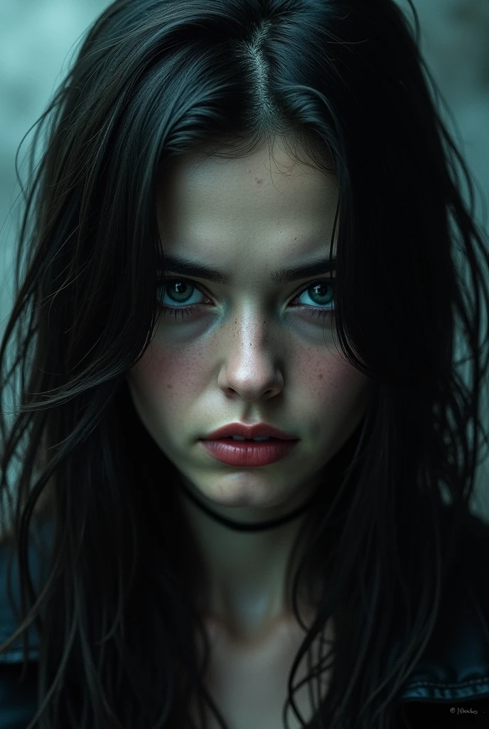 Make a character like Resident Evil 4, one with long black hair, blue eyes and freckles