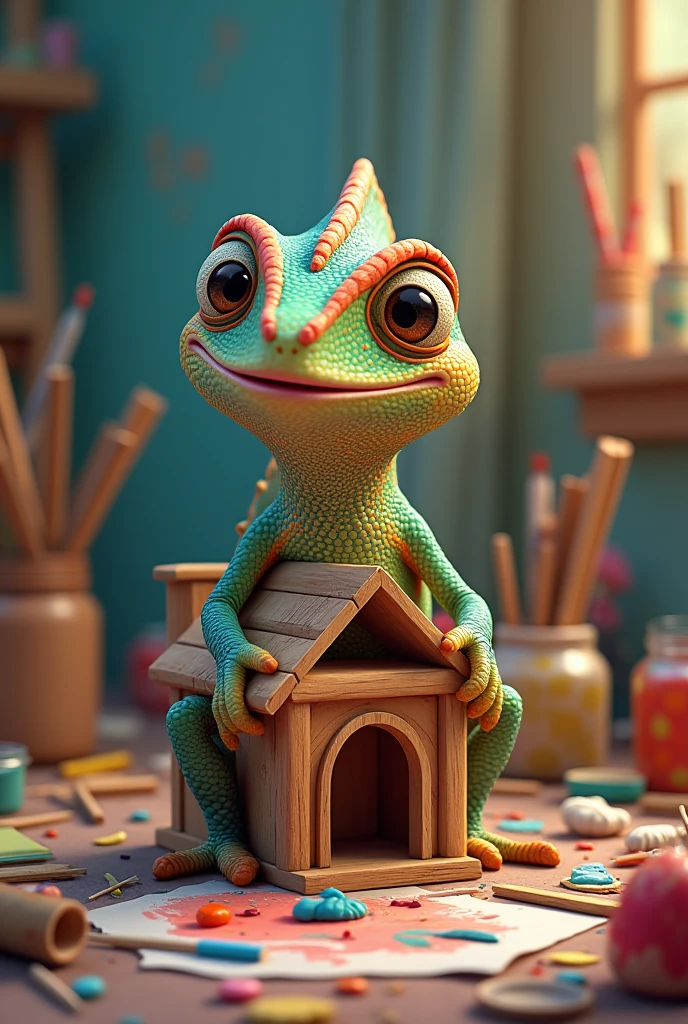 A friendly, sociable smiling chameleon surrounded by art, paint, illustrations and that he is building a little house with wooden sticks