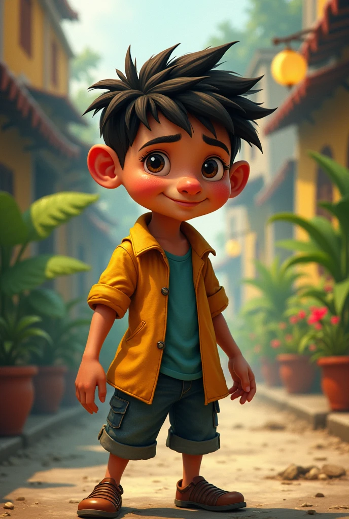 A Brazilian boy with a big nose looks like he's going to get up to mischief, fable style