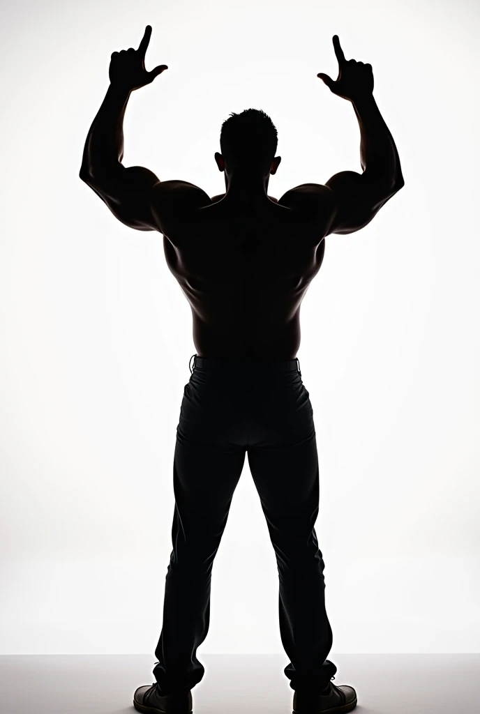 perfect blur-free silhouette of a man from behind with his arms raised making the rock sign
