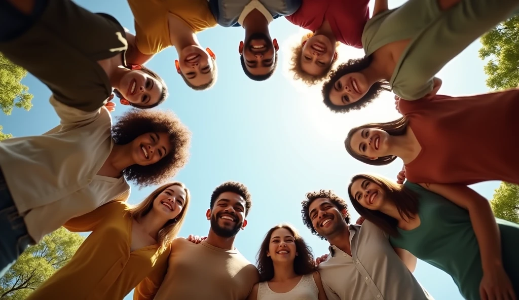 "A diverse group of people standing in a circle, holding hands and smiling warmly at each other, in a sunny outdoor setting, symbolizing unconditional love and unity, ar 16:9"