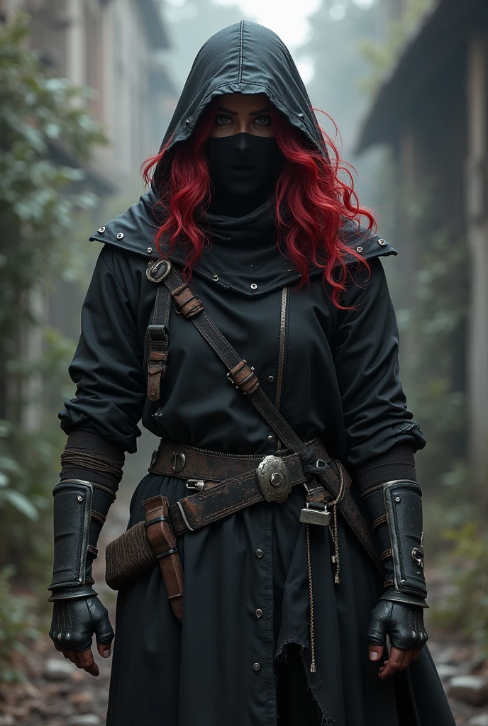 A character with voluminous hair with some lush red highlights, wearing a hood and mask that covers only the lower part of the face in a post-apocalyptic setting, inspired by the game 7 Days to Die. She is equipped with mid-range stealth armor., matching a ninja look with black colors and some ripped parts. The character is holding a bow, with a knife attached to his waist. The atmosphere is tense, in low light, focusing on shadows and contrasts to highlight the character&#39;s stealth. The color palette should be very dark., with shades of gray, black and dark red predominating, reflecting the hostile environment.