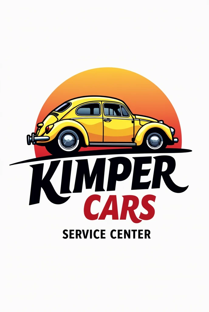 Logo for a lube center and tire shop that says Kimper Cars logo with letters on top of a yellow beetle car . Car on top of the. Letter and small below Kimper cars that says service center the letters should be black and red