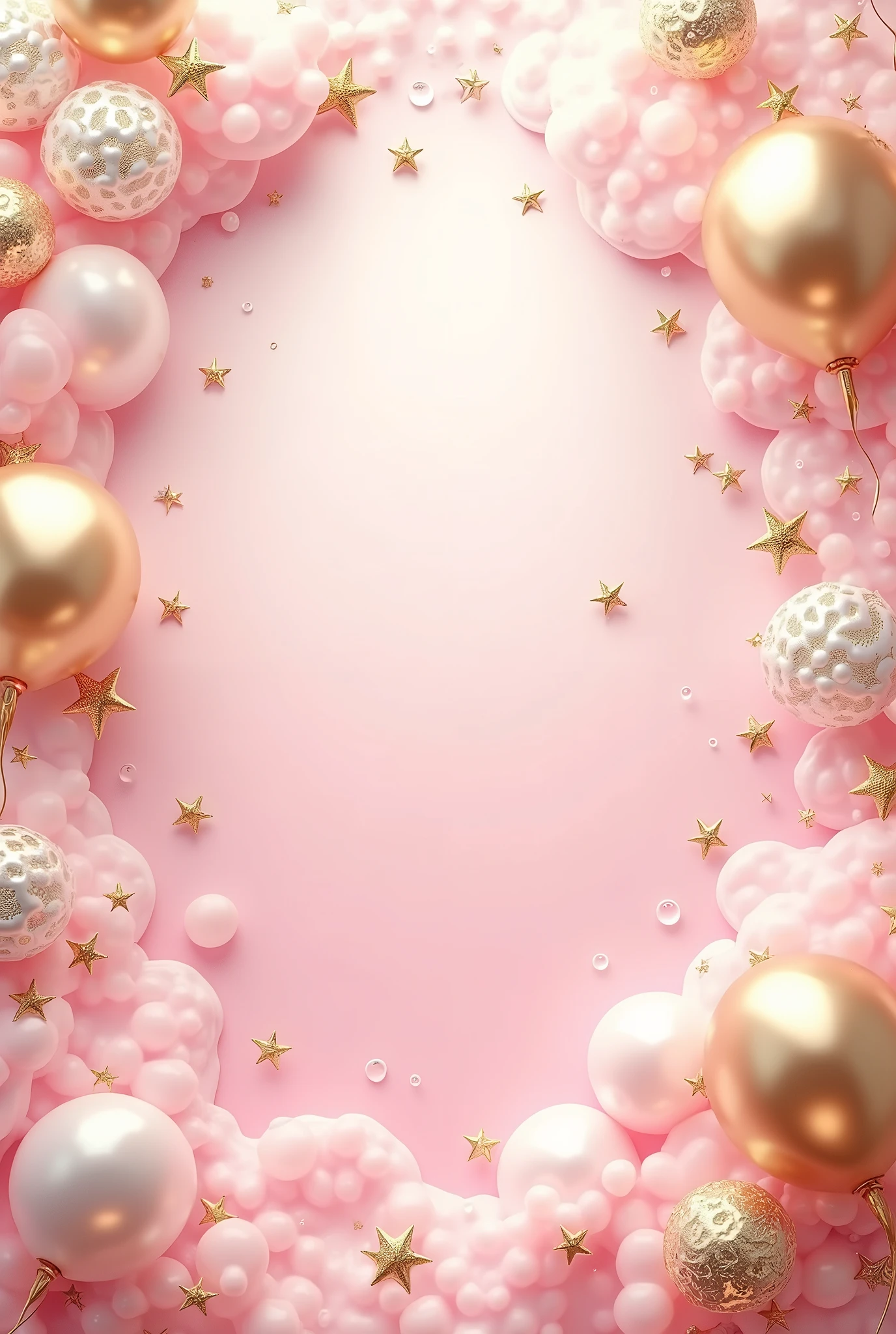 Create an abstract background with a light pink gradient, with fantasy theme, with golden stars and spiral patterns, with 3d balloons, whites, gold and pink, the background should resemble the real appearance, Predominantly pink with intricate shiny gold embellishments with rich patterns. The overall aesthetic should be magical and majestic..., making the background look like the background of a fantasy realm.