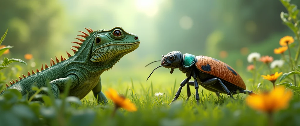 A lizard and a beetle in a grassland setting.
