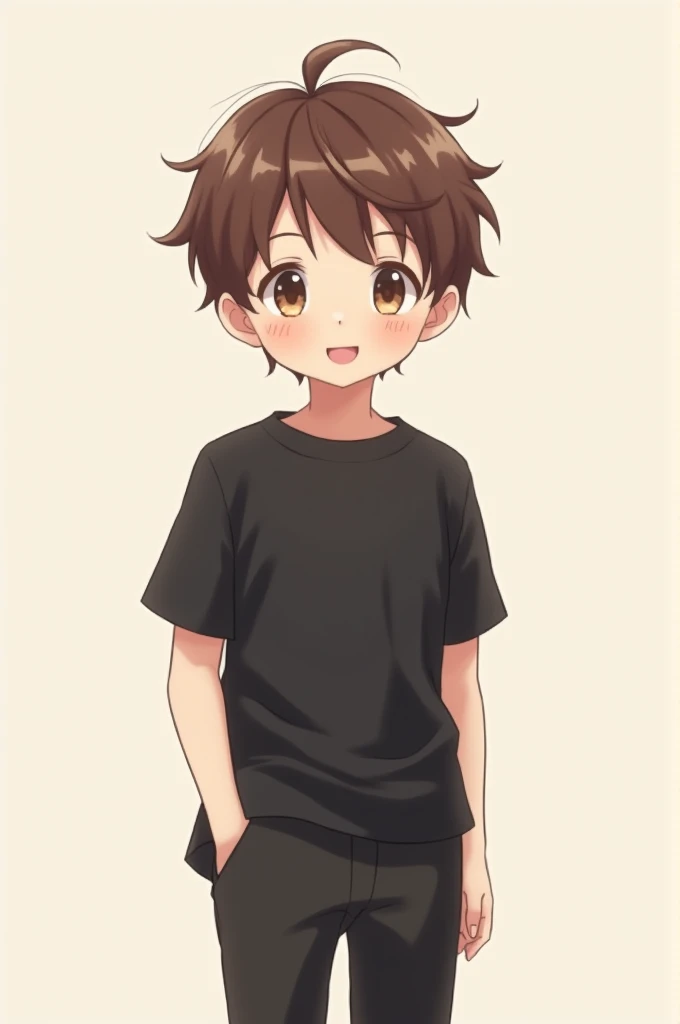 Create an anime boy brown hair black short sleeve shirt black pants white skin kawaii