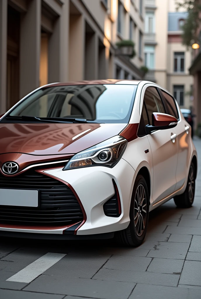 I want to see a yaris car. That the exterior of the car is a mix of dark brown, marron clair et blanc.