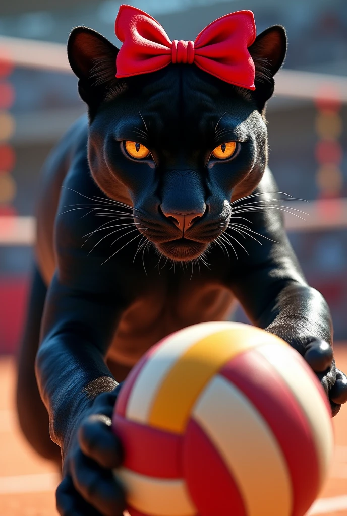 Create a red bow panther with the red velvet logo, that has volleyball