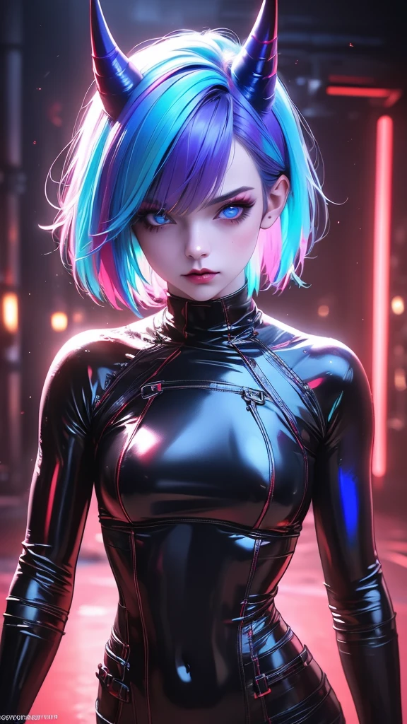 A girl in a dark foggy background, red turtleneck, pixie cut hair, multi-colored hair with red and blue neon highlights, expressive beautiful detailed eyes, black shorts, gothic makeup, red neon hearts, neon blue horns, liquid sumi ink, (best quality,4k,8k,highres,masterpiece:1.2),ultra-detailed,(realistic,photorealistic,photo-realistic:1.37), (VFX, UHD, HDR)- Ink special effects)), depth of field, sharp angle, unreal focus
