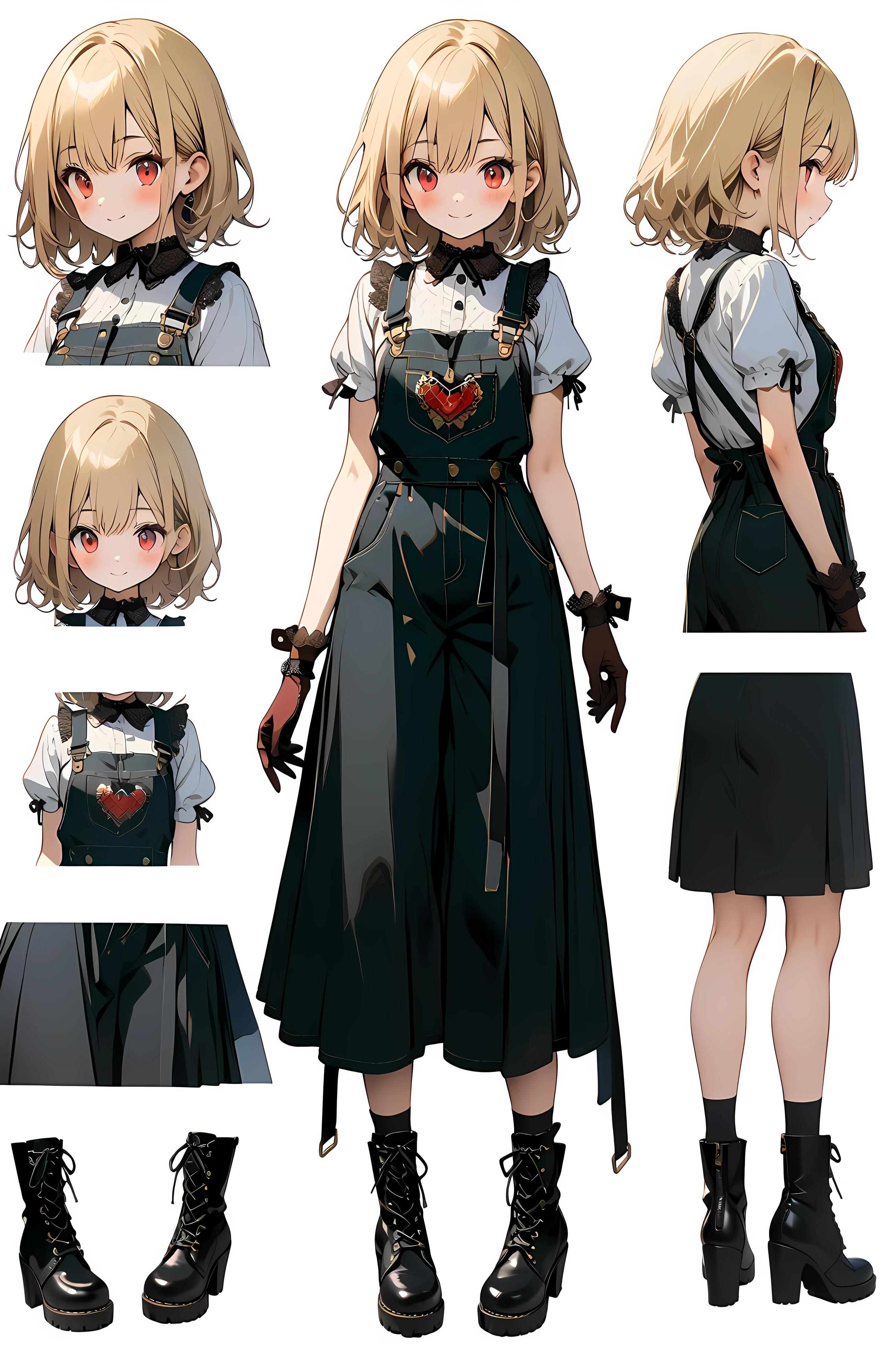 (((Highest quality))), 16K, full body, Overall image, looking at viewer, upright, arms at side, concept art, A young woman with long light blonde hair is standing facing forward。, alone, Red Eyes, (Beautiful attention to detail:1.4), smile, Height: 130cm, simple background, blush, Wearing lace-up shoes,Wearing gloves,Dragon Princess, wrist set, Red tie, hyper quality, highly detailed