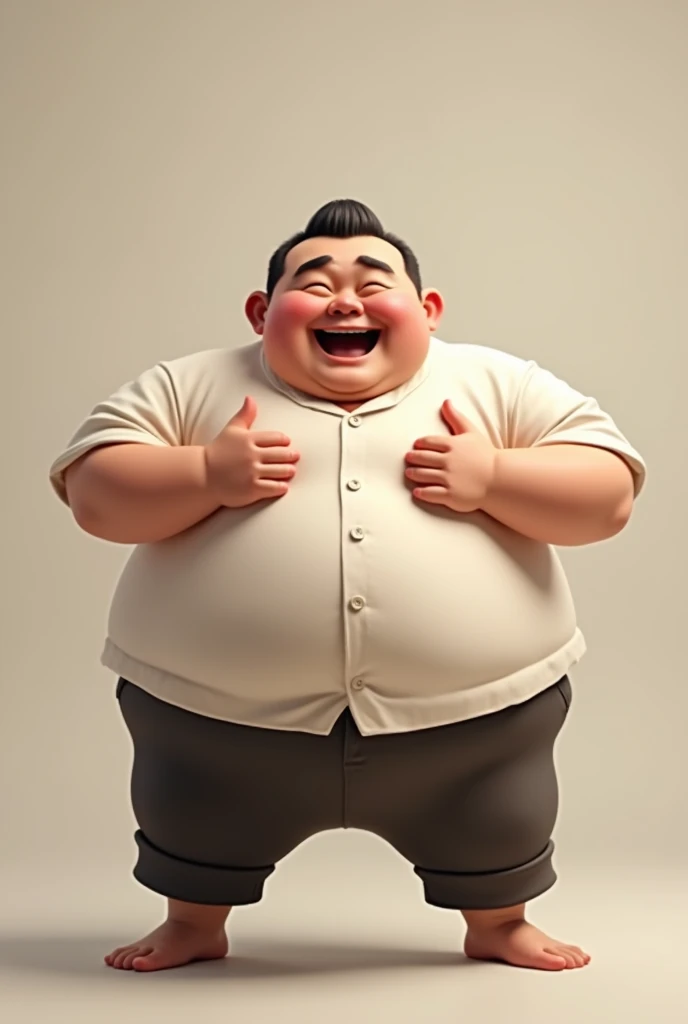 A Chainese man shaking his belly 
