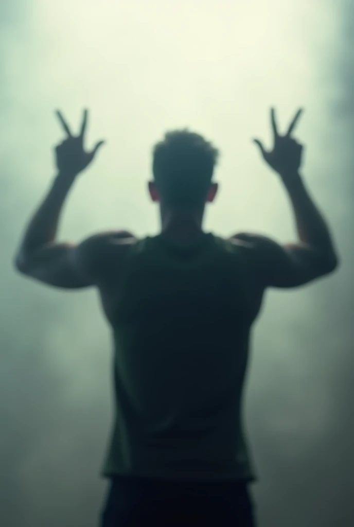 blurry silhouette of a man from behind with his arms raised making the rock sign