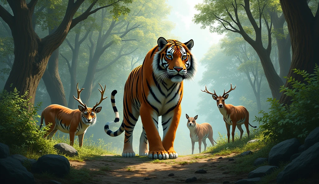 There is a very beautiful forest. In the forest stands a terrible tiger There are many animals around the tiger