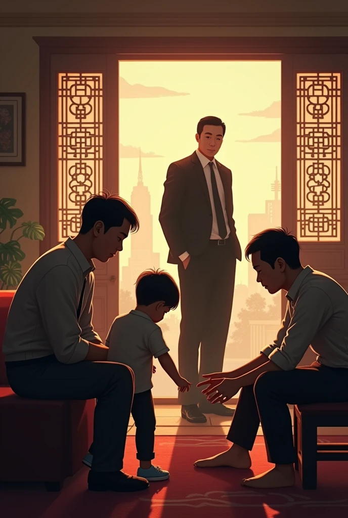 Silhouette of Asian man in suit watching 2 Asian man playing in living room with  Asian boy