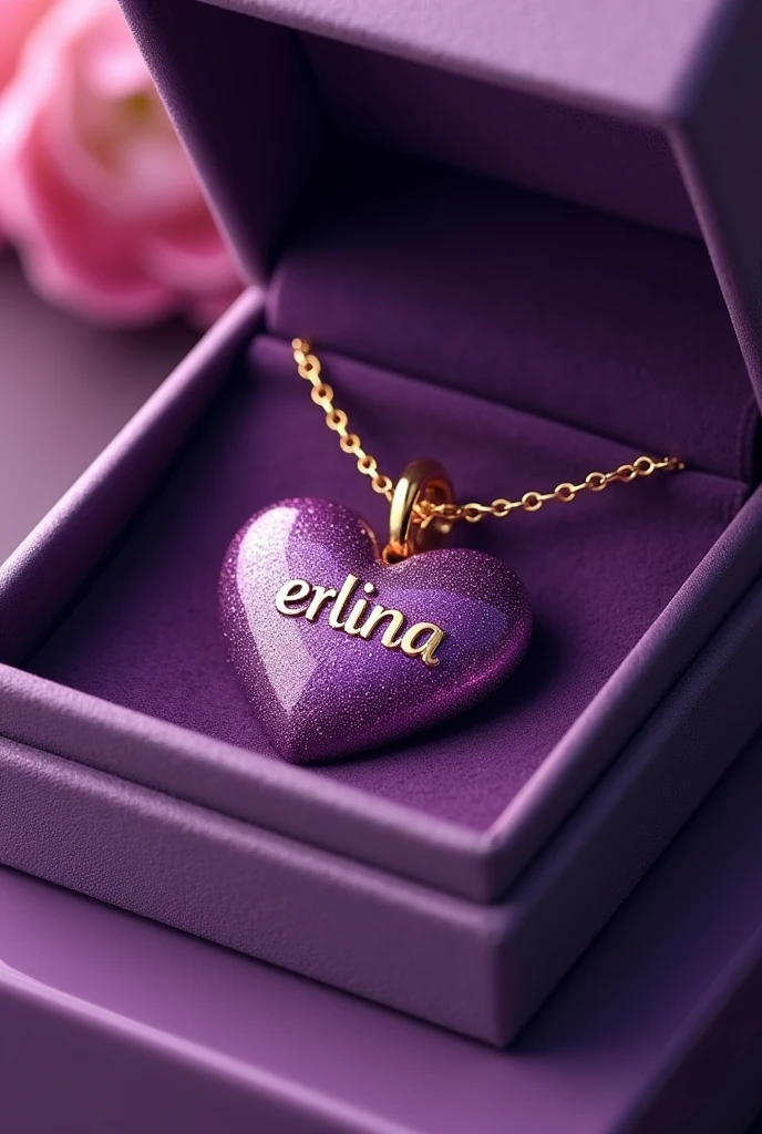 Create a shiny and sparkling purple heart-shaped pendant image with a shiny gold plating., personalized with name "Erlina" engraved in the middle. The pendant is attached to a simple and elegant loop and is presented in a purple open gift box with a glossy textured bright purple exterior and a plush interior that matches the color of the box..