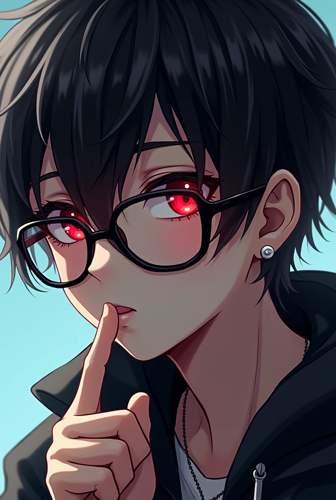 (Portraits:1.4), (masterpiece:1.2, best quality:1.2),a boy with glasses and a red eye is looking at the camera, ig studios anime style, discord profile picture, lofi portrait, lofi boy, anime vibes, avatar image, lofi artstyle, anime style mixed with fujifilm, face with artgram, anime style only, high quality anime artstyle, anime style portrait, anime style character face focus, extremely detailed face, extremely detailed eyes, good-looking, make up, finger on lips, sunglasses, fashion wear, earrings,