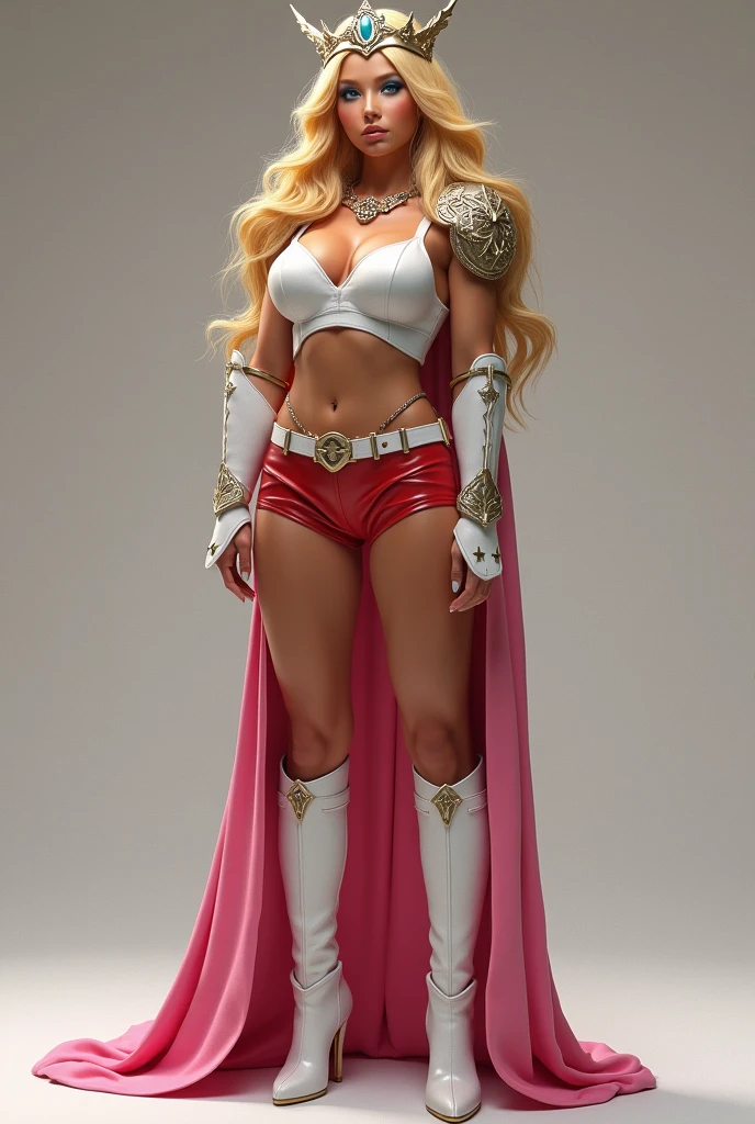 A SEXY LARGE BREASTED YOUNG BLONDE SHE RA WITH BLUE EYES WEARING A WHITE V SHE-RA BLOUSE WITH A SHE-RA EMBLEM ON THE HER CHEST, SHE-RA TIARA, A PAIR OF RED LEATHER SHORTS WITH A WHITE LEATHER BELT, TALL WHITE HEELED BOOTS, AND A LONG PINK CAPE. FULL SHE-RA GEAR AND ARMOR, PHOTO REALISTIC, HYPER DETAILED AND TEXTURES