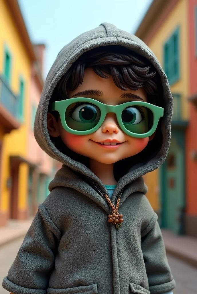 Enrique Sesame Street doll with a gray hood and green sunglasses