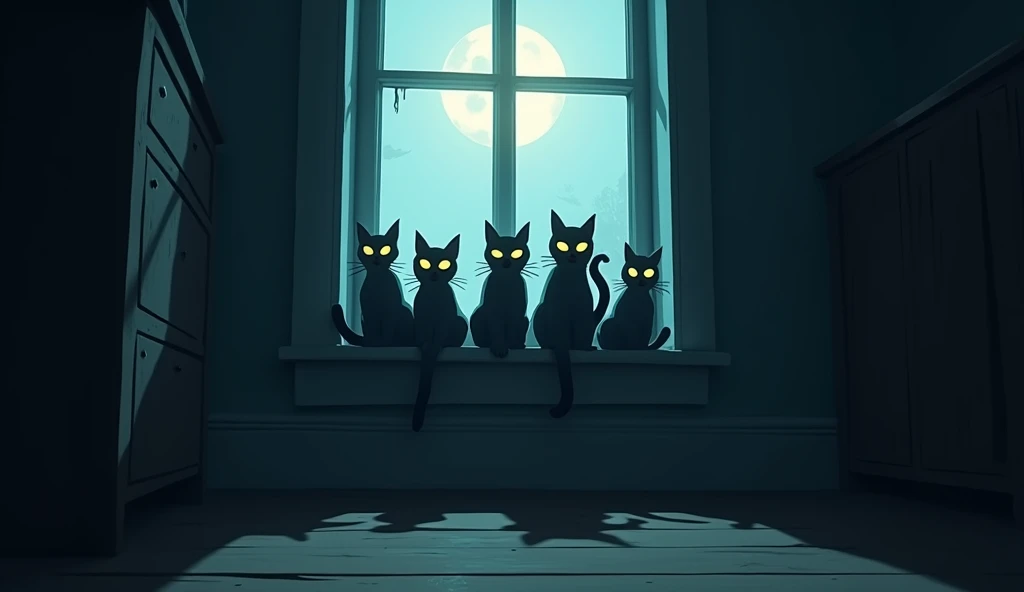 "A spooky night scene with a half-open window, where the moonlight casts a pale glow across the room. a group of cats, with bright eyes, They gather in the window, apparently on high alert, as if protecting the house from an invisible threat outside."