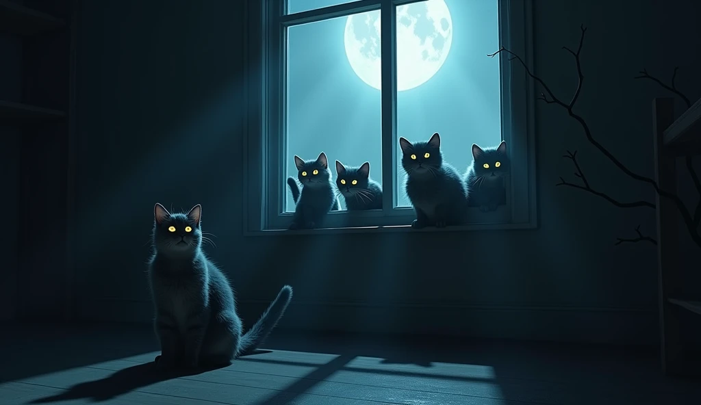 "A spooky night scene with a half-open window, where the moonlight casts a pale glow across the room. a group of cats, with bright eyes, They gather in the window, apparently on high alert, as if protecting the house from an invisible threat outside."