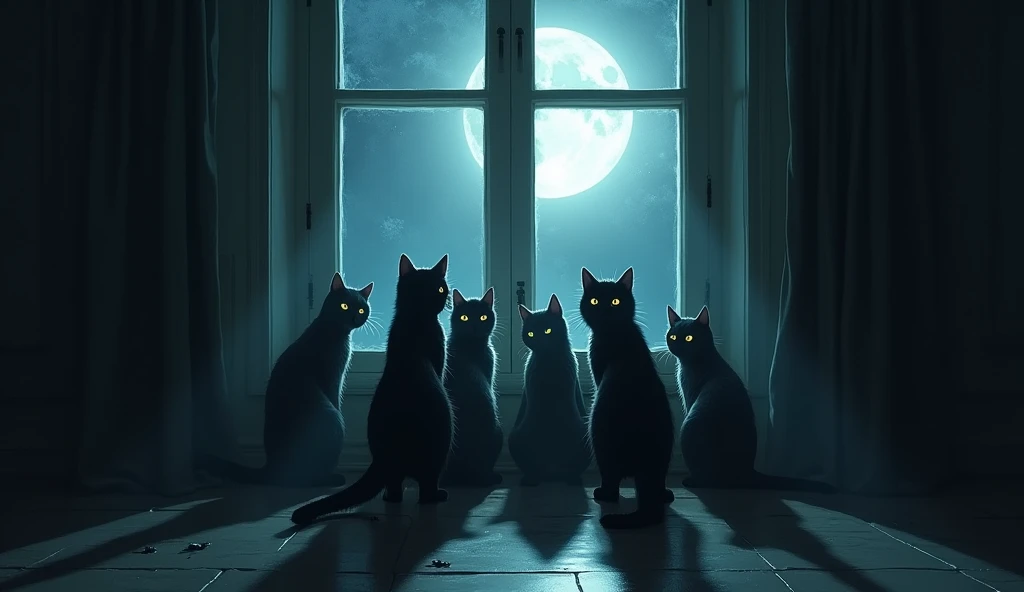 "A spooky night scene with a half-open window, where the moonlight casts a pale glow across the room. a group of cats, with bright eyes, They gather in the window, apparently on high alert, as if protecting the house from an invisible threat outside."