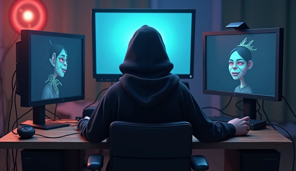 Im Stil von Pixar 3D-Animation filmen (Caricature). An unknown man wearing a hood sits in front of a gaming PC with three monitors and writes.