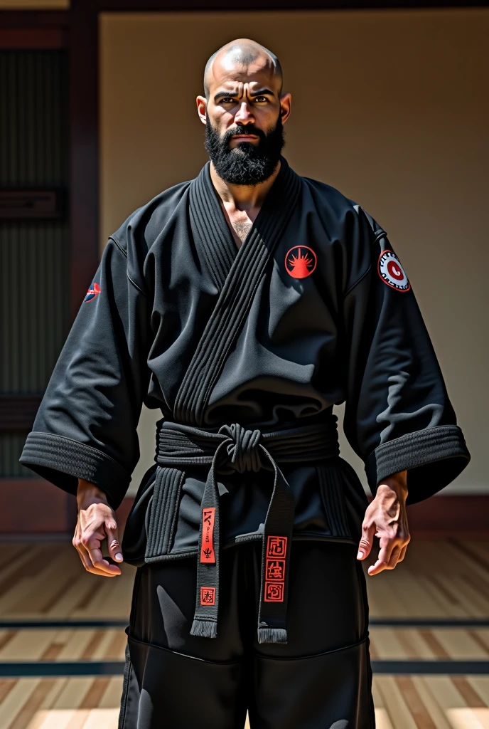 Image of a jiu jitsu fighter, Arab tracos, military style shaved hair, barba, kimono black. The place would be a dojo 