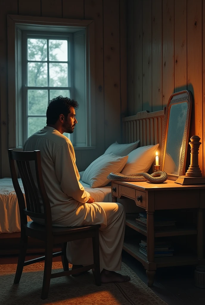 (photorealism:1.2), Man in dhoti kurta, sitting on a chair in front of a table, Mirror on the table, wearing a white kurta, white dhoti, man black hair, inside a dark rented old wooden room, only a candle light, wooden walls, first floor room, night time, open window with moonlight, bed with white sheet and pillow on, sitting pose, scared, a cobra is looking in the mirror, scared sitting on a chair, realistic, intricate details, warm colors