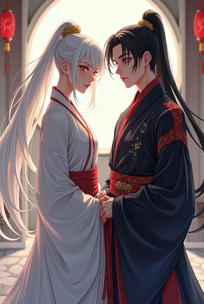 1man, sharp blue eyes with sharp pupils, white sharp hair and he was wearing black noble robes and, intimate hug and going to kiss with his lovely red-haired ((41 year old face))